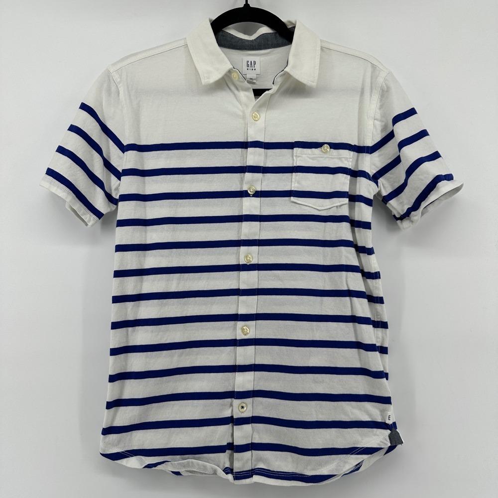 Gap Kids XXL White Blue Striped Short Sleeve Button Down Shirt 100% Cotton